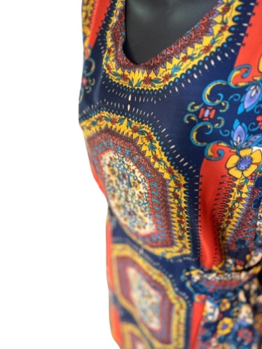 bohemian printed sleeveless dress defined cinch waist flowy mini-length skirt. - Picture 4 of 16